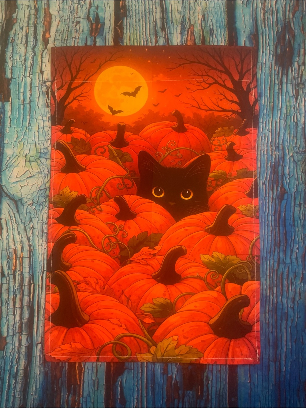 Halloween Black Cat in Pumpkin Patch Garden Flag Orange